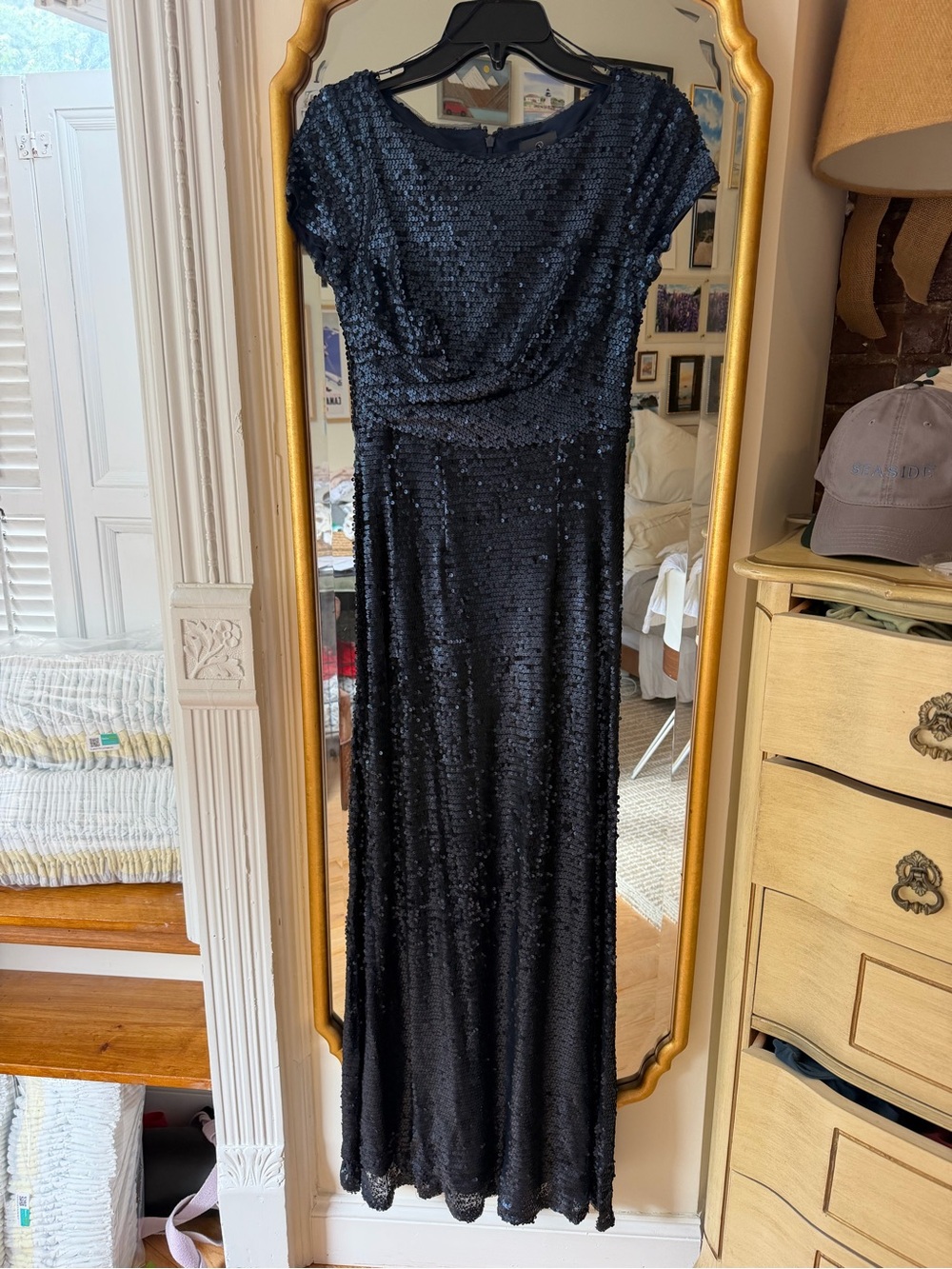 Adrianna Papell Navy Blue Sequin Maxi Dress
